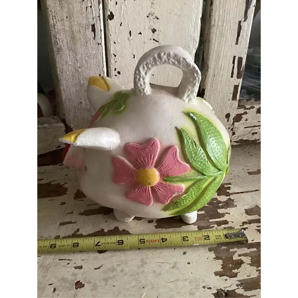 Mexico Folk Art Chalkwsre Plaster Piggy Bank Handmade 1970s Flowers